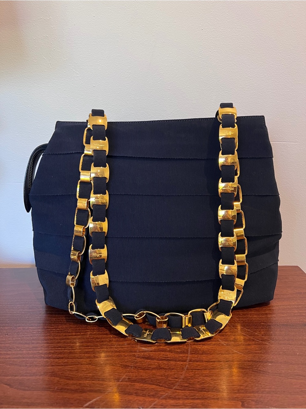 Vintage Salvatore Ferragamo Navy Grosgrain Vara Chain Tote Bag - Picture 2 of 6